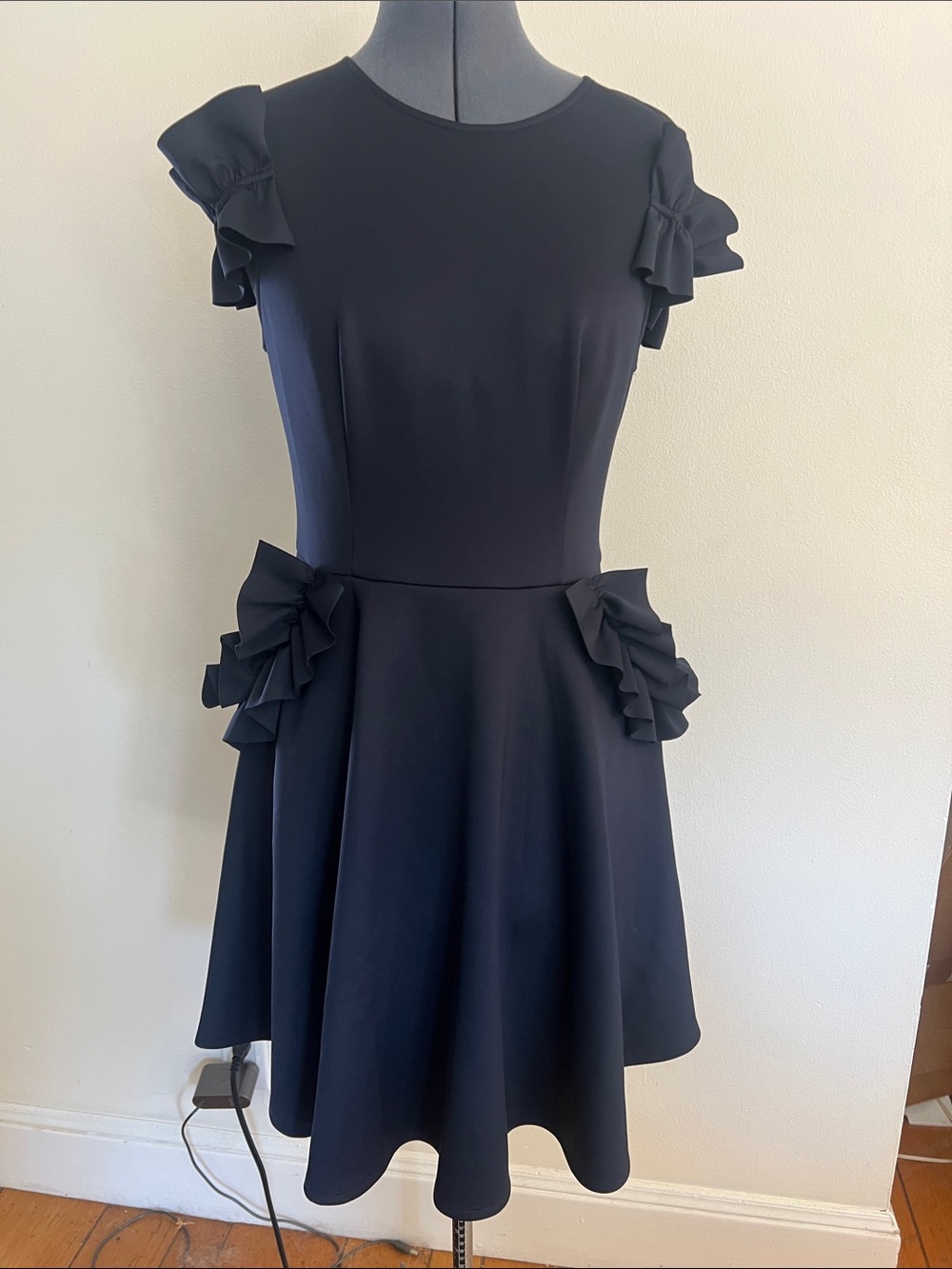 Ted Baker Deneese Dark Blue Fit-and-Flare Dress with Ruffle Sleeves